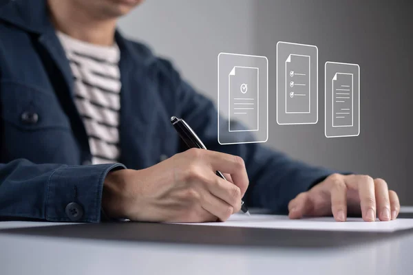Businessman, work from home, handling documents, E-signing, signing digital contracts electronic signing electronic signature through internet technology document data management smart contract