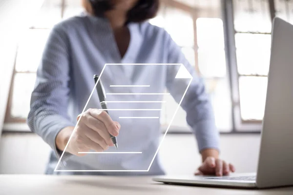 Businesswoman, work from home, handling documents, E-signing, signing digital contracts electronic signing electronic signature through internet technology document data management smart contract