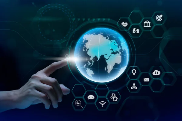 Businessman touches virtual screen technology to do online transactions via internet Connect data to the world. concept of global data connection by internet technology, big data system.