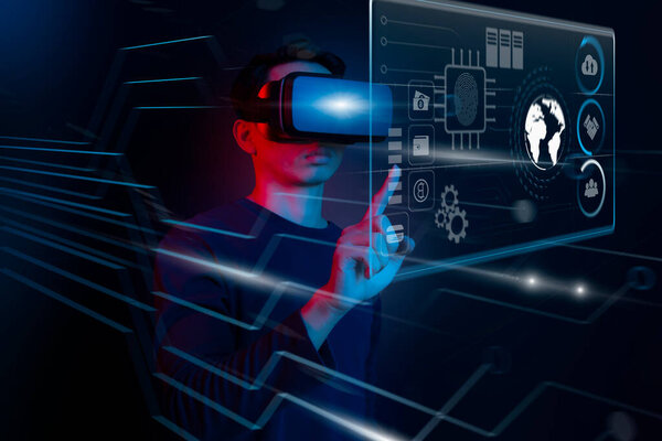 Businessman using VR Glasses and virtual touch screen o do online transactions with internet technology, concept of global data connection by internet technology, big data, searching for information, online marketing