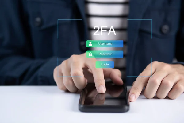 Businessman Using Smartphone Touching Virtual Screen Two Factor Authentication Safety — Foto de Stock