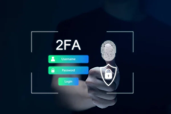 Businessman touching virtual screen to fingerprint scan for two-factor authentication for safety use of social networks and access to information privacy