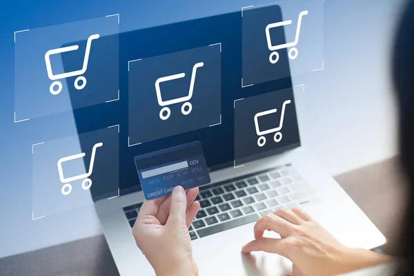 Shopper Using Laptop Online Shopping Using Credit Card Online Payment — Foto Stock