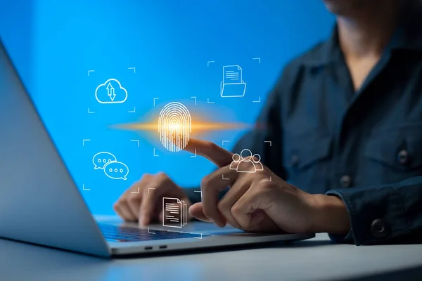 Person touching virtual screen to scan fingerprints, digital transformation management concept. Internet of Things, Big Data and Business Processes, Automation, Storage Systems, Cloud Computing