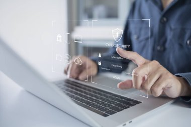 Cybersecurity and data privacy protection concept, padlock icon. And Internet network security technology, business people touch personal data protection with virtual screen interface.