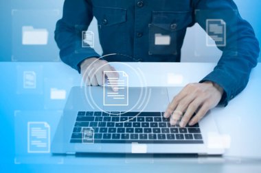 Document Management System DMS Online Database and automated processes to manage files in an organization effectively with ERP, enterprise business technology. businessman touch virtual screen. 