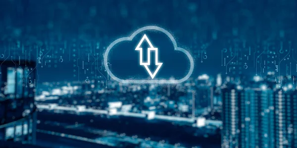 cloud computing and technology icons with blur nlight city background. cloud computing storage technology service concept.