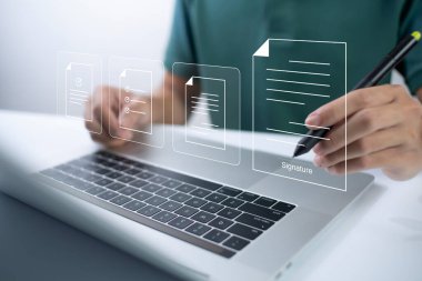 Businessman, work from home, handling documents, E-signing, signing digital contracts electronic signing electronic signature through internet technology document data management smart contract