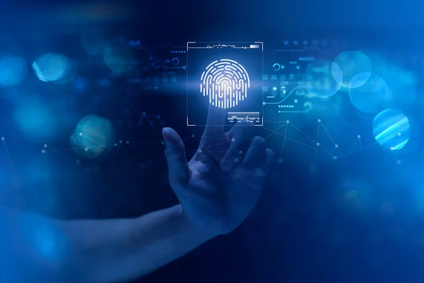 Person touching virtual screen to scan fingerprints, digital transformation management concept. Internet of Things, Big Data and Business Processes, Automation, Storage Systems, Cloud Computing