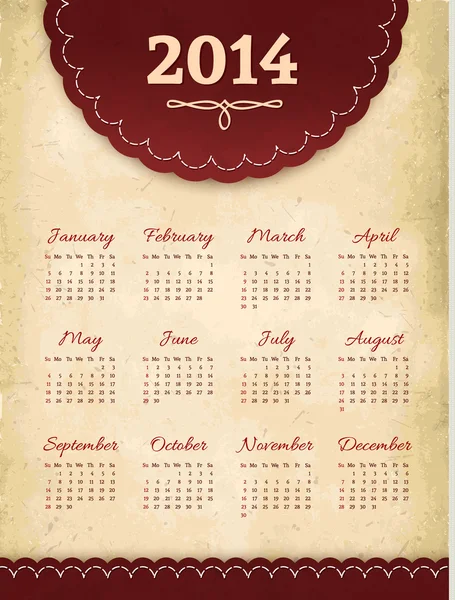 ベクトル ビンテージ グランジ 2014年カレンダー — ストックベクタ