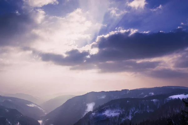 Холмы Шварцвальда Исчезают Тумане Свете Яркого Заката — стоковое фото