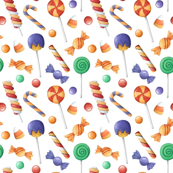 Halloween candy seamless pattern. Many types spooky dessert. Colorful treats background