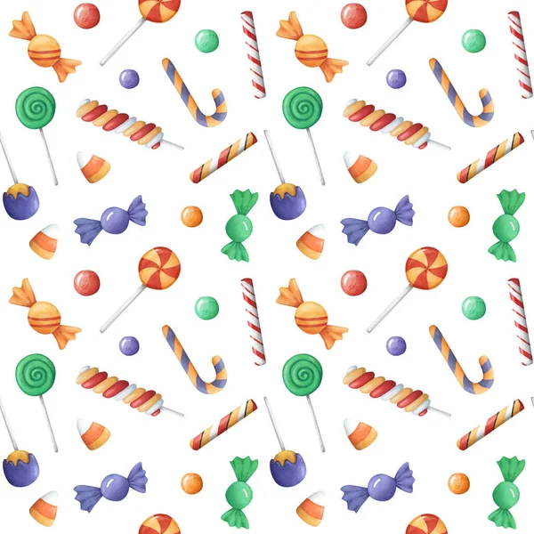 Halloween candy seamless pattern. Many types spooky dessert. Colorful treats background
