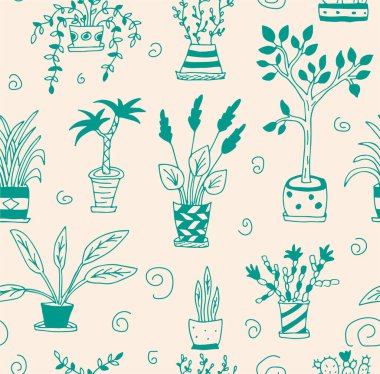 Farklı renk ve renklerdeki ev çiçeklerinin vektör çizimi. Kusursuz bir karalama deseni çizgili yeşil bitkiler çiçek saksıları içinde pastel arka planda