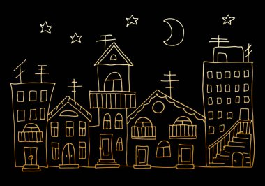 Düzlükleri, ayı ve yıldızları olan bir gece kasabası manzarasının temsilcisi. Doodle afiş, poster, reklam, emlak ajansı, tasarım stüdyosu için siyah arka plana altın evler çizdi.