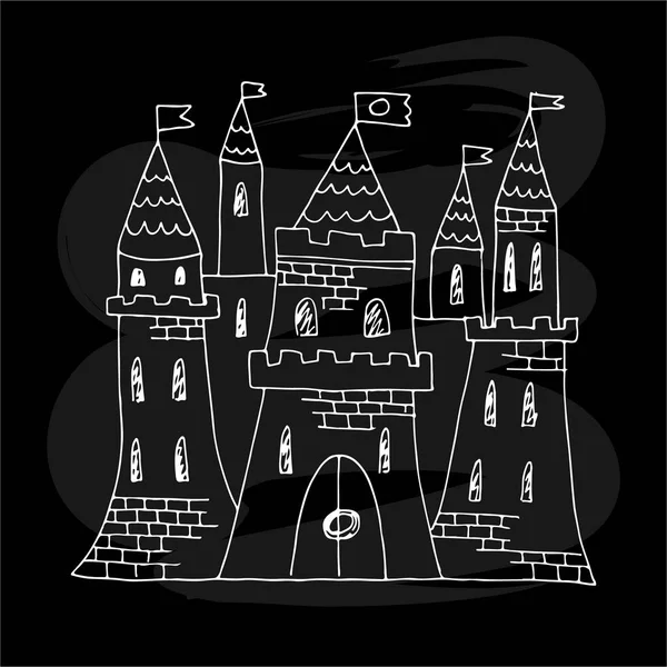 上に5つの塔と旗を持つ中世の城のベクトルイラスト バナー ポスター 遠足代理店カタログ ウェブデザインや印刷のための落書きの描画 — ストックベクタ