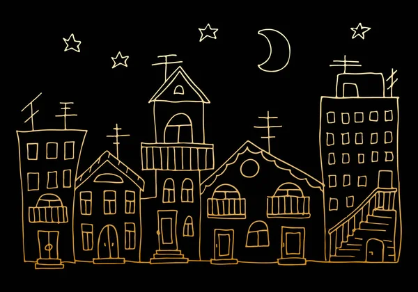 Düzlükleri Ayı Yıldızları Olan Bir Gece Kasabası Manzarasının Temsilcisi Doodle — Stok Vektör