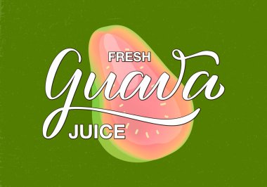 Ürün tasarımı, afiş, poster, paket, reklam, menü için taze guava suyu harflerinin vektör çizimi. Web tasarımı veya yazdırma için izole edilmiş el yazısı ifadesi