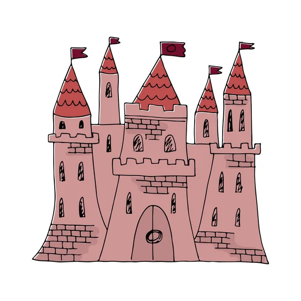 Wektorowa Ilustracja Średniowiecznego Czerwonego Kamiennego Zamku Pięcioma Wieżami Flagami Szczycie — Wektor stockowy