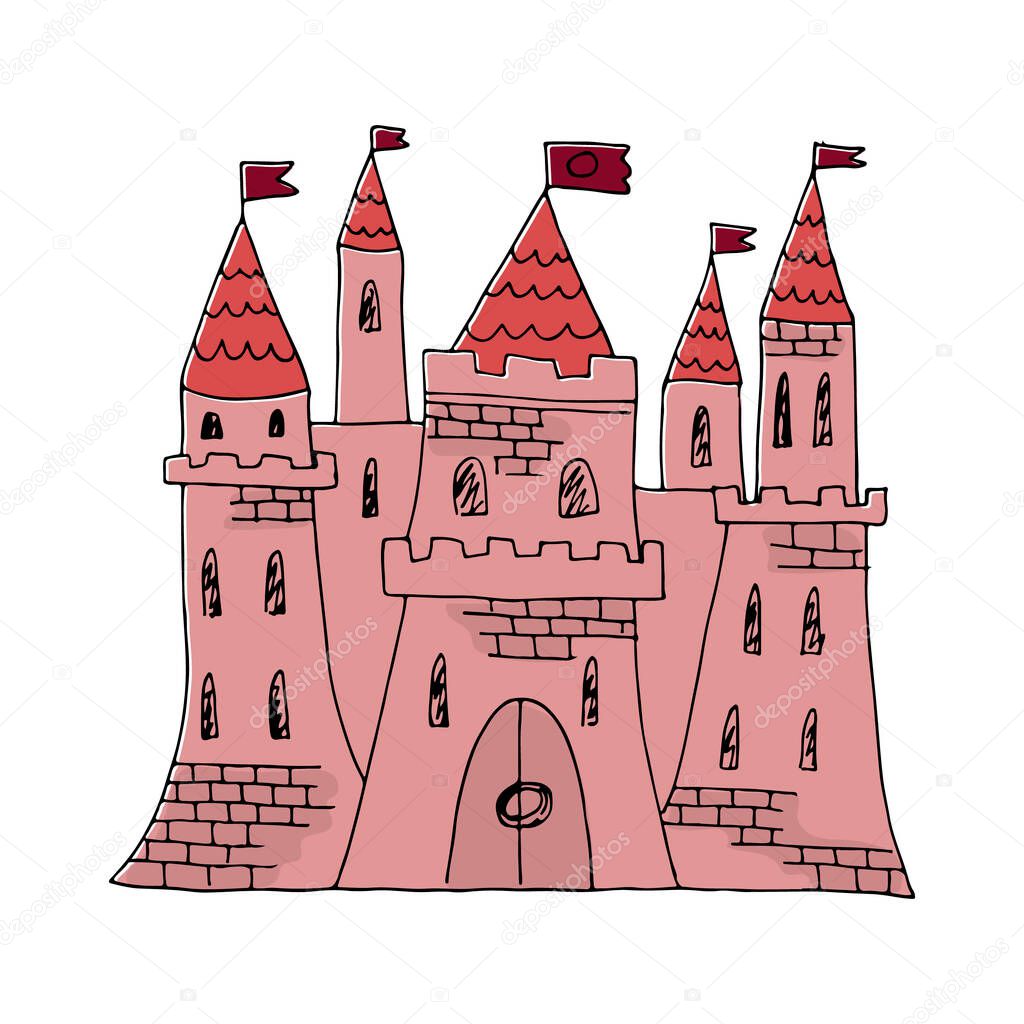 Vector illustration of a medieval red stone castle with five towers and flags on top. Doodle drawing for banner, poster, advertisement, excursion agency catalog, web design or printing