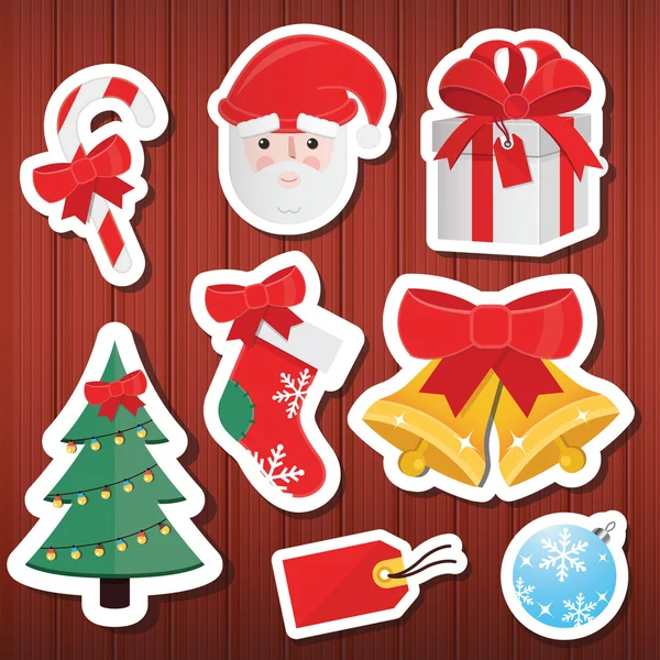 Vector Christmas Paper Icons Set Wooden Background — Stock Vector