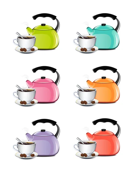 Cup Of Coffee And Kettle Set — Stock Vector