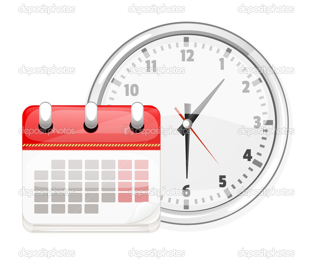 Cartoon Vector White Clock and Calendar. Business Icon