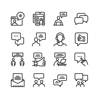 İleti hattı simgeleri. Taslak semboller seti, basit grafik elementler, modern doğrusal stil siyah piktogram koleksiyonu. Vektör satırı simgeleri ayarlandı