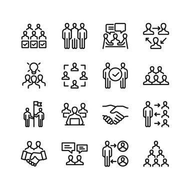 Takım çalışması simgeleri. Taslak semboller seti, basit grafik elementler, modern doğrusal stil siyah piktogram koleksiyonu. Vektör satırı simgeleri ayarlandı