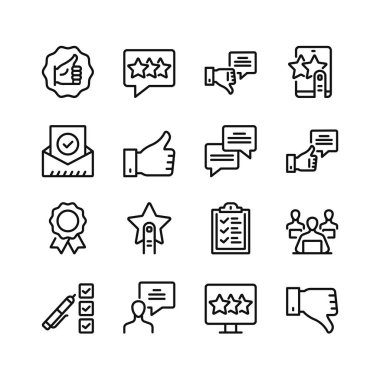 Geri bildirim çizgisi simgeleri. Taslak semboller seti, basit grafik elementler, modern doğrusal stil siyah piktogram koleksiyonu. Vektör satırı simgeleri ayarlandı