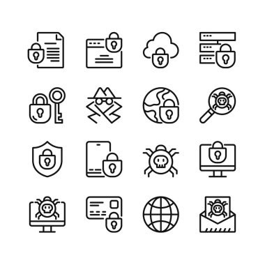 İnternet güvenlik hattı simgeleri. Taslak semboller seti, basit grafik elementler, modern doğrusal stil siyah piktogram koleksiyonu. Vektör satırı simgeleri ayarlandı