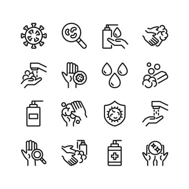 El yıkama ipi simgeleri. Taslak semboller seti, basit grafik elementler, modern doğrusal stil siyah piktogram koleksiyonu. El yıkama, hijyen, el yıkama konseptleri. Vektör satırı simgeleri ayarlandı