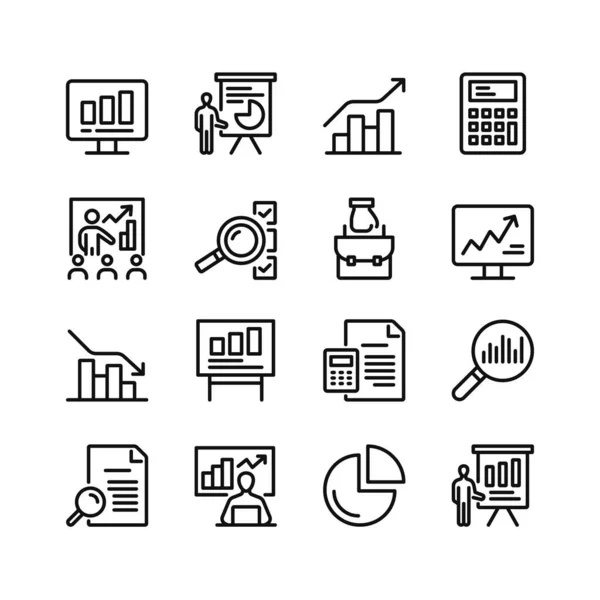 Financiële Analyse Lijn Pictogrammen Set Van Outline Symbolen Eenvoudige Grafische — Stockvector