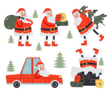 Santa Clause karakter tasarımı element koleksiyonu vektör karikatür el çizimi illüstrasyon