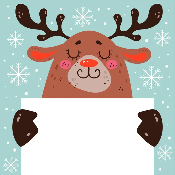 Vánoční Jelen Sobí Zajíček Drží Prázdný Banner Koncept Vektorové Kreslené — Stockový vektor