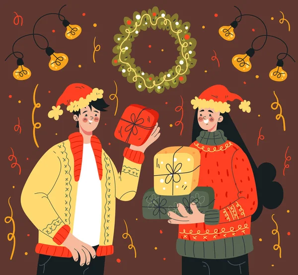 Paar Mann Frau Figuren Feiern Neujahr Frohe Weihnachten Design Element — Stockvektor
