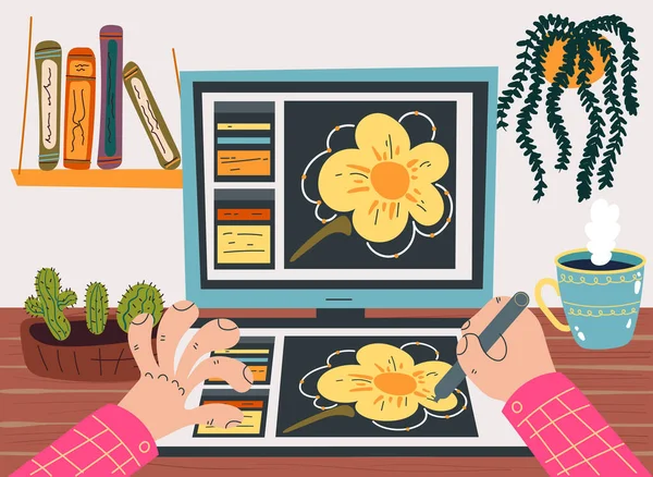 Freelancer Designer Working Home Vector Cartoon Hand Drawn Illustration — Stock Vector