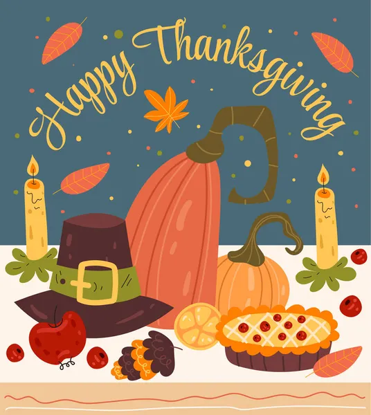 Happy Thanksgiving Day Dinner Cartoon Handgezeichnete Illustration — Stockvektor