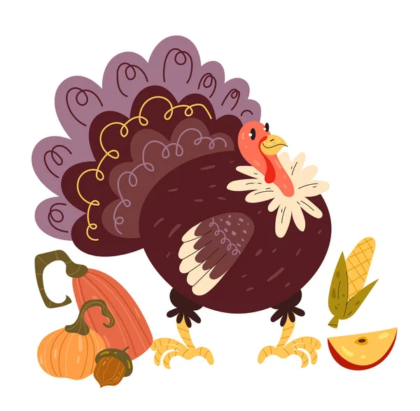 Joyeux Thanksgiving Dinde Oiseau Personnage Avec Des Fruits Légumes Dessin — Image vectorielle