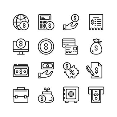 Finans çizgisi simgeleri. Taslak semboller seti, basit grafik elementler, modern doğrusal stil siyah piktogram koleksiyonu. Para kavramları. Vektör satırı simgeleri ayarlandı