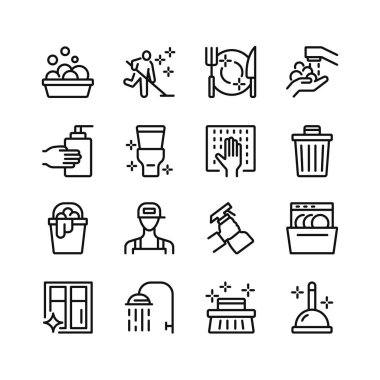 Temizlik çizgisi simgeleri. Taslak semboller seti, basit grafik elementler, modern doğrusal stil siyah piktogram koleksiyonu. Vektör satırı simgeleri ayarlandı