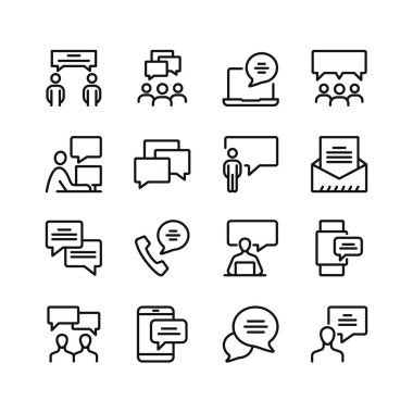 İletişim hattı simgeleri. Taslak semboller seti, basit grafik elementler, modern doğrusal stil siyah piktogram koleksiyonu. Vektör satırı simgeleri ayarlandı