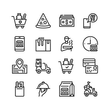 Yemek dağıtım hattı ikonları. Taslak semboller seti, basit grafik elementler, modern doğrusal stil siyah piktogram koleksiyonu. Vektör satırı simgeleri ayarlandı