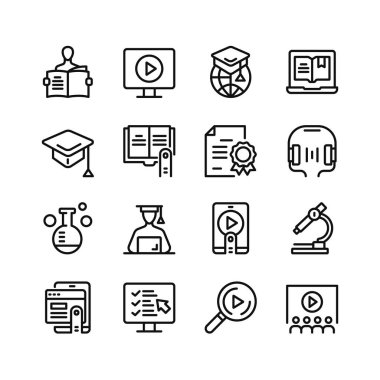 Çevrimiçi öğrenme çizgisi simgeleri. Taslak semboller seti, basit grafik elementler, modern doğrusal stil siyah piktogram koleksiyonu. Vektör satırı simgeleri ayarlandı