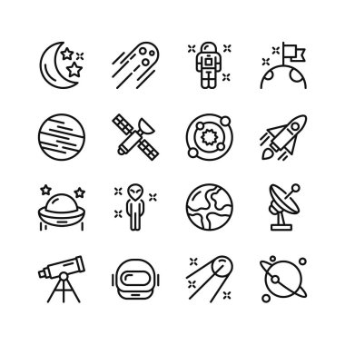 Uzay çizgisi simgeleri. Taslak semboller seti, basit grafik elementler, modern doğrusal stil siyah piktogram koleksiyonu. Vektör satırı simgeleri ayarlandı