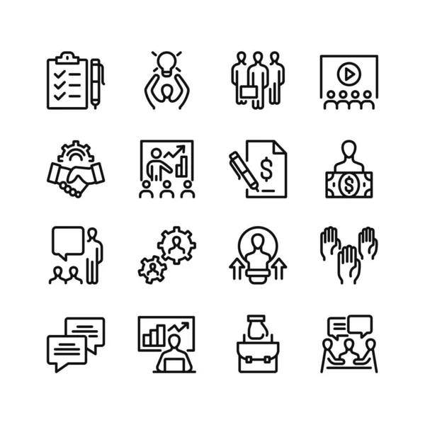 Iconos Línea Cooperación Empresarial Conjunto Símbolos Contorno Elementos Gráficos Simples — Archivo Imágenes Vectoriales