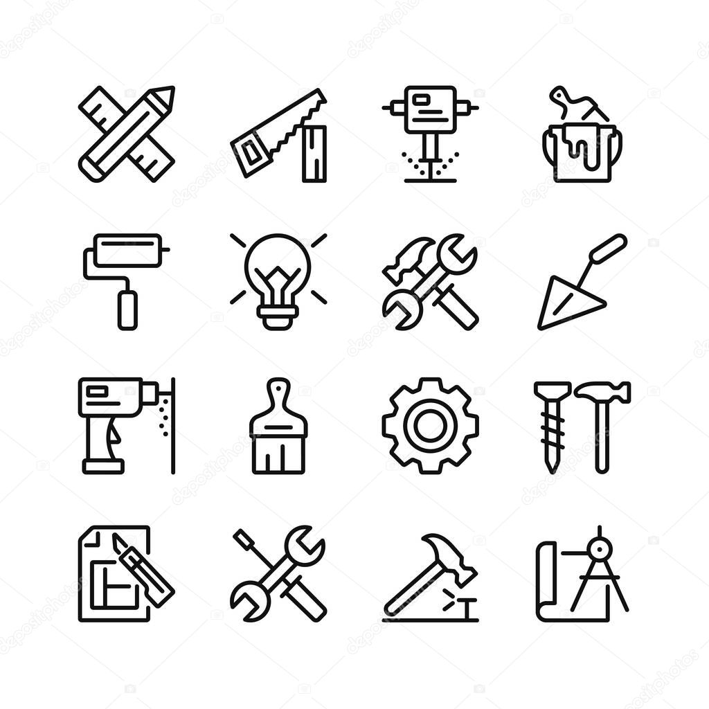 Tools line icons. Set of outline symbols, simple graphic elements, modern linear style black pictograms collection. Vector line icons set