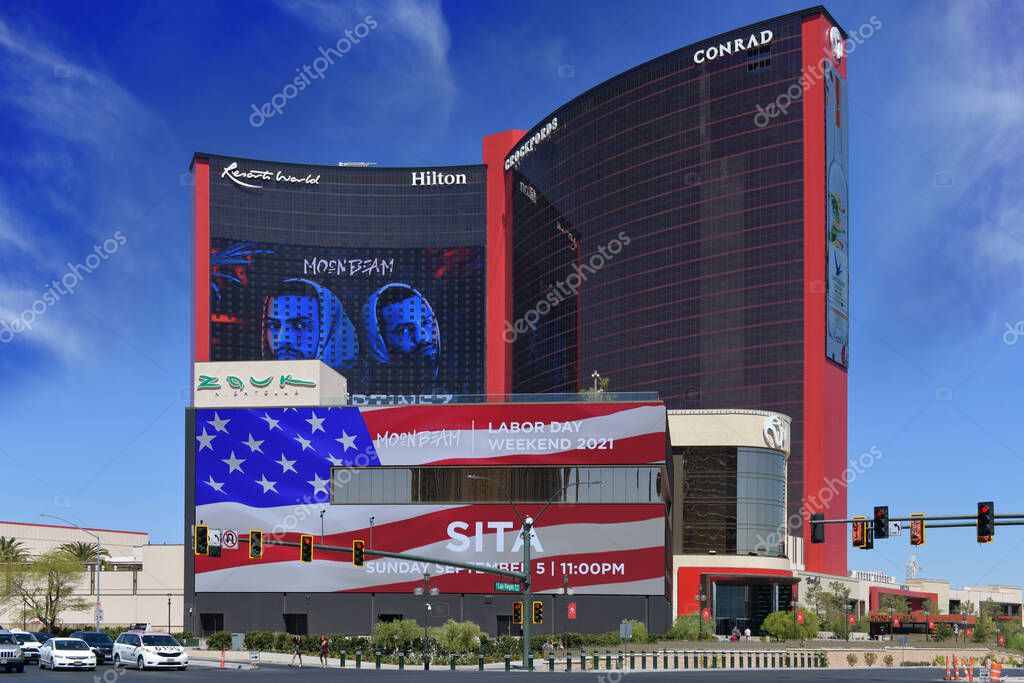 Nevada USA, September 5, 2021 Cityscape of the front facade of the new hotel of the company Hilton Resorts World located at 3000 S Las Vegas Blvd