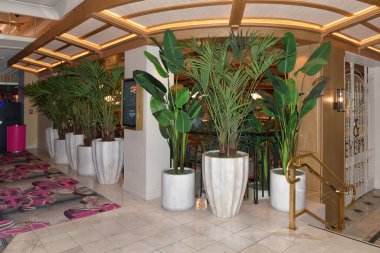 Nevada ABD 5 Eylül 2021 Yapay bitkilerle dolu büyük vazolar Flamingo Las Vegas 'ın ilk katındaki Bugsy & Meyers restoranının dış cephesini süslüyor.