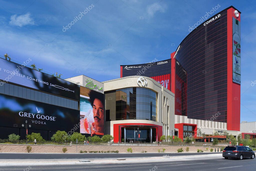 Nevada USA, September 5, 2021 Cityscape of the front facade of the new hotel of the company Hilton Resorts World located at 3000 S Las Vegas Blvd